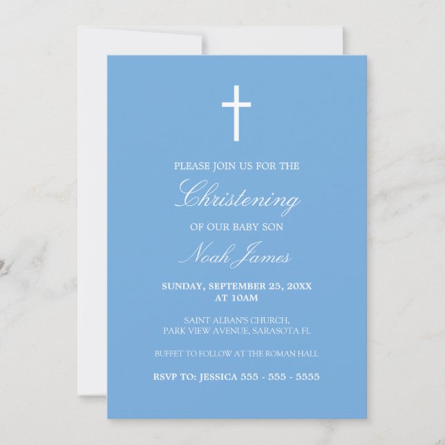 Stylish Blue Traditional Christening Invitation (Front)