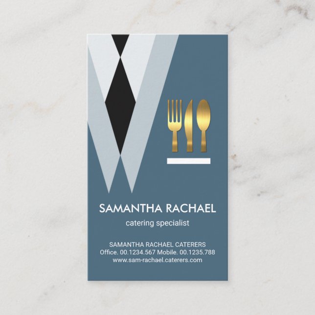 Stylish Blue Tuxedo Suit Waiter Gold Cutlery Business Card (Front)