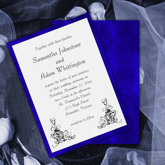 Stylish Blue Velvet and Black Ornaments Wedding Invitation (Creator Uploaded)