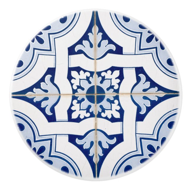 Stylish Blue Vintage Mediterranean Tile Look Ceramic Knob (Front)