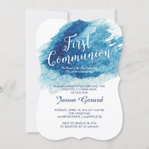 Stylish Blue Watercolor First Communion Invitation