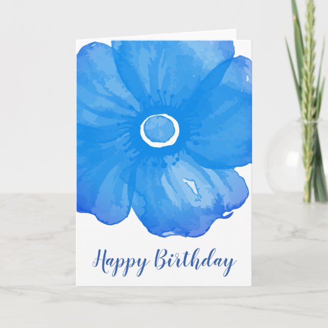 Stylish Blue Watercolor Flower Birthday Card (Front)
