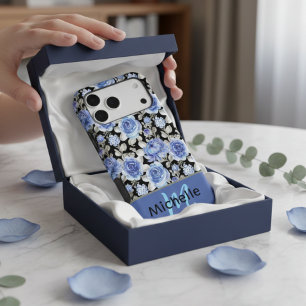 Stylish Blue Watercolor Roses on Black Custom Name