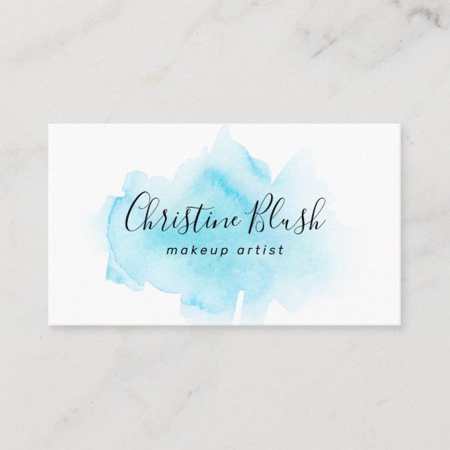 Stylish Blue Watercolour Splash MUA Business Card (Front)