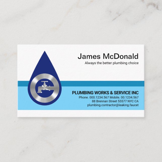 Stylish Blue Waterdrop Layers Plumber Business Card (Front)