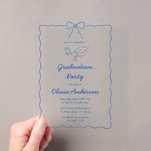 Stylish Blue Wavy Hand Drawn Bow Graduation Party Acrylic Invitations