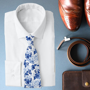 Stylish Blue White Botanical Floral Pattern Tie