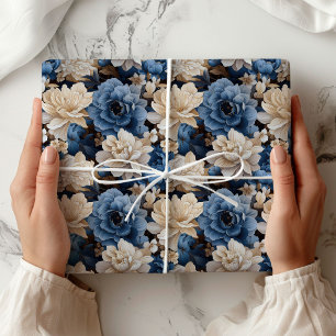 Stylish Blue White Floral Ivory Gift Wrapping   Paper