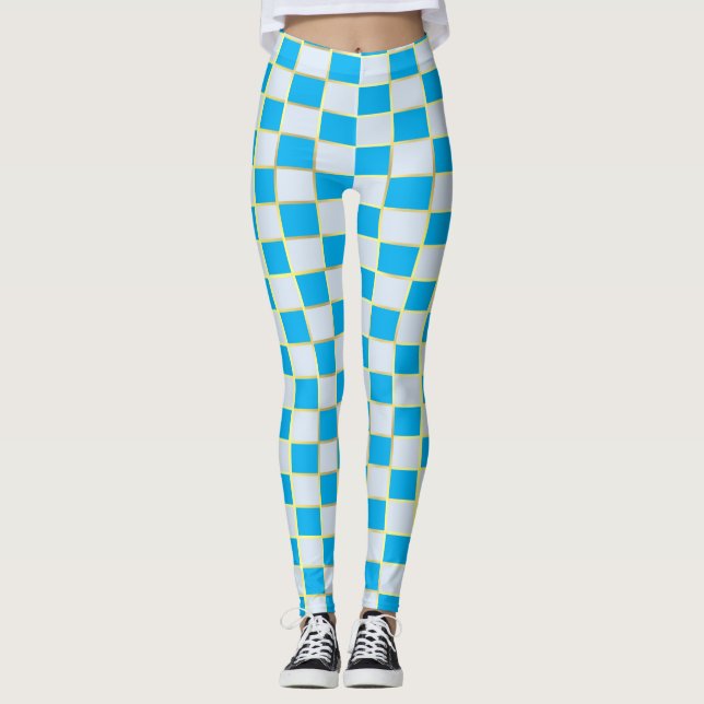 Stylish Blue White & Gold Chequered Square Yoga Leggings (Front)