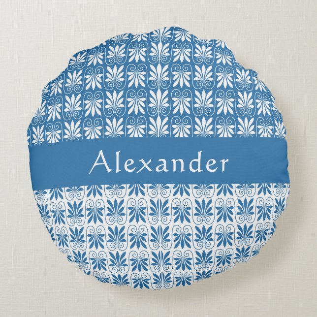 Stylish Blue & White Greek Floral Custom  Round Cushion (Back)