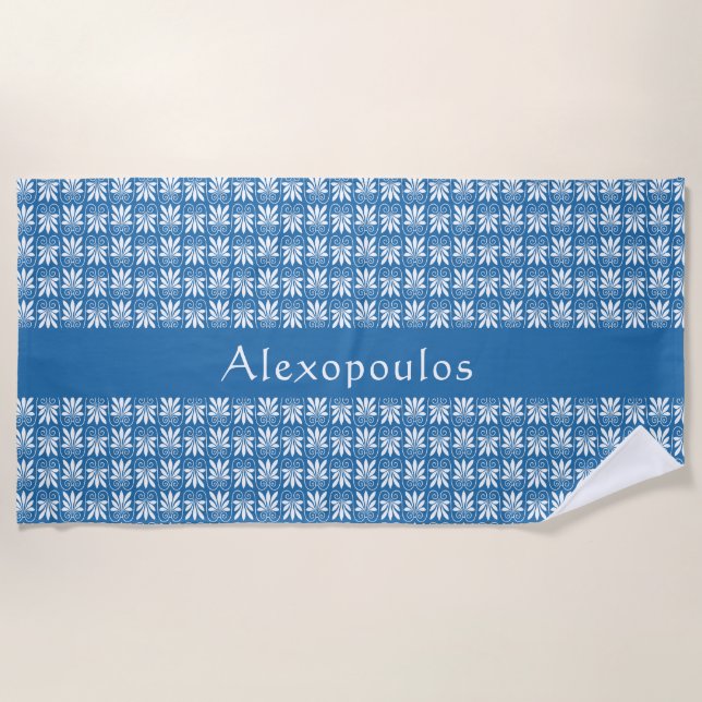 Stylish Blue & White Greek Floral Personalised  Beach Towel (Front)