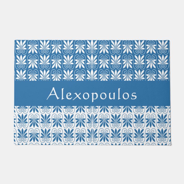 Stylish Blue & White Greek Floral Personalised Doormat (Front)