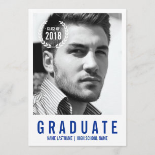 Stylish Blue White Modern Photo Graduate Invite
