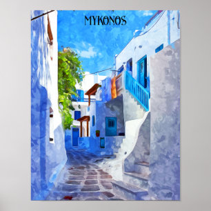Stylish Blue White Mykonos Greece Painting Poster