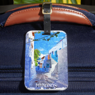 Stylish Blue White Mykonos Greece Watercolor Luggage Tag