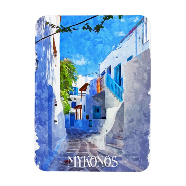 Stylish Blue White Mykonos Greece Watercolor Magnet (Vertical)