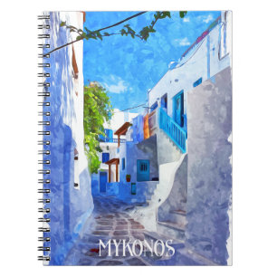 Stylish Blue White Mykonos Greece Watercolor Notebook