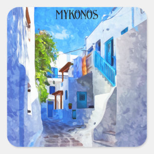 Stylish Blue White Mykonos Greece Watercolor Square Sticker