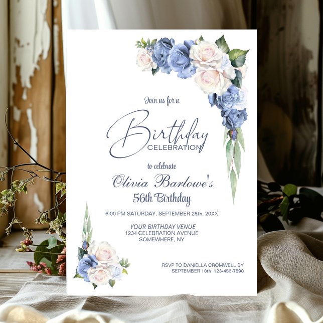 Stylish Blue White Rose Floral Birthday Party Invitation (Creator Uploaded)