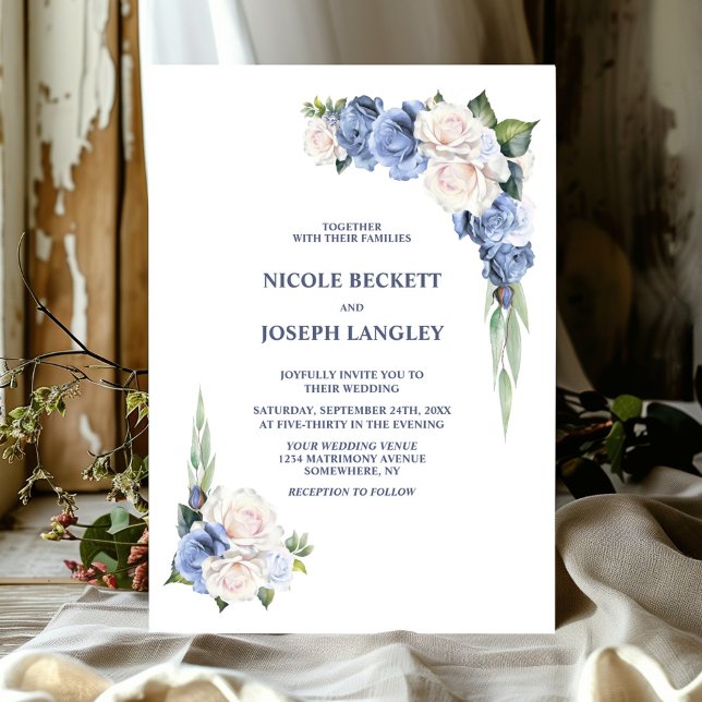 Stylish Blue White Rose Floral Wedding Invitation (Creator Uploaded)