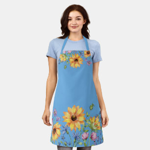 Stylish Blue Wildflower Sunflower Cooking Apron