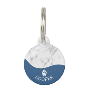 Stylish Blue With Faux Marble Texture & Paw Print Pet Tag