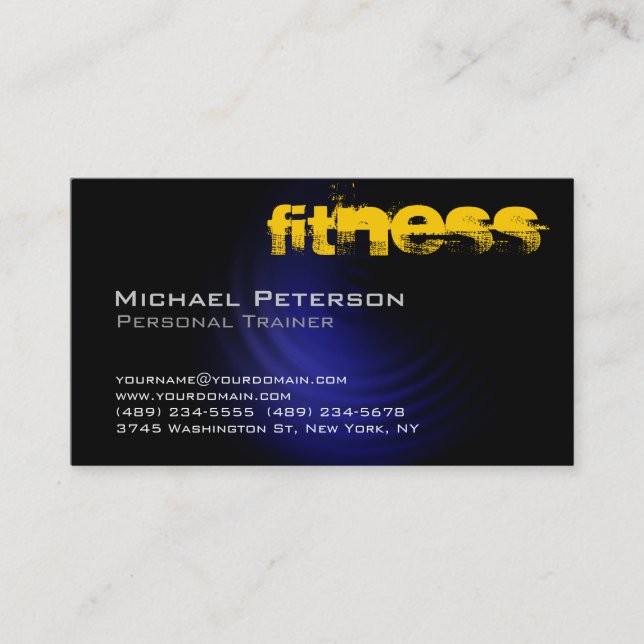 Stylish Blue Yellow Black Fitness Business Card (Front)