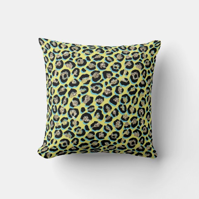 Stylish Blue Yellow Gold Glitter Leopard Print Cushion (Front)