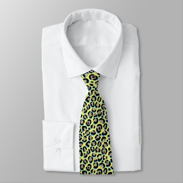 Stylish Blue Yellow Gold Glitter Leopard Print Tie (Tied)