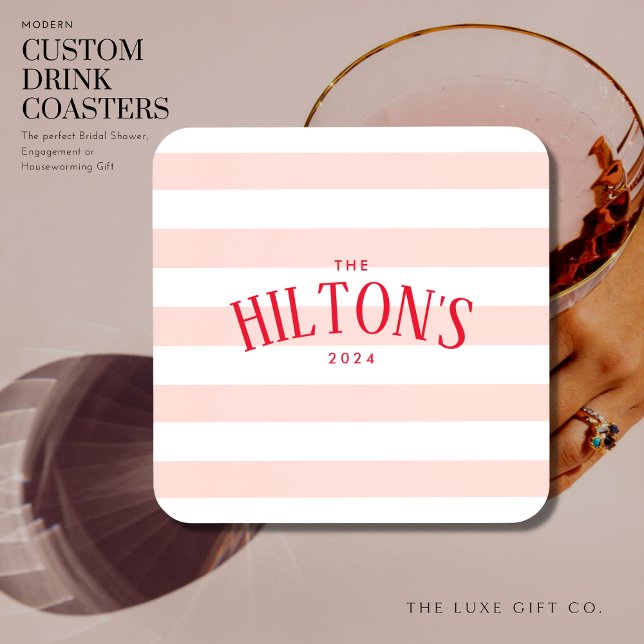 Stylish Blush and Red Stripe Bridal Shower Gift Coaster (Creator Uploaded)
