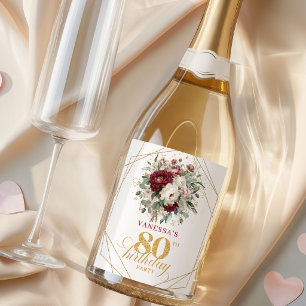 Stylish Blush Burgundy 80th Birthday Champagne Sparkling Wine Label