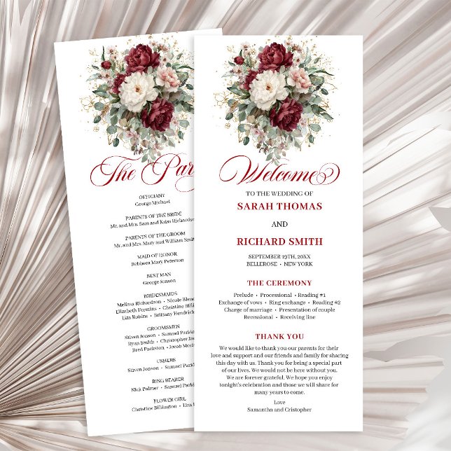 Stylish Blush Burgundy Greenery Wedding Program Programme (Vintage Blush Burgundy Floral Wedding Program)