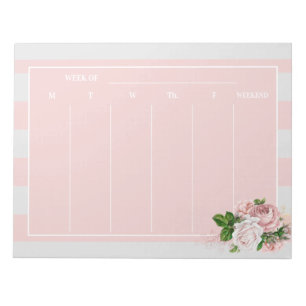 Stylish Blush Pink Floral Striped Weekly Plans Notepad