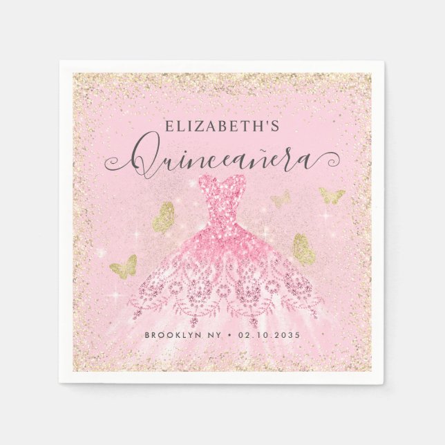 Stylish Blush Pink Gold Glitter Gown Quinceañera Napkin (Front)