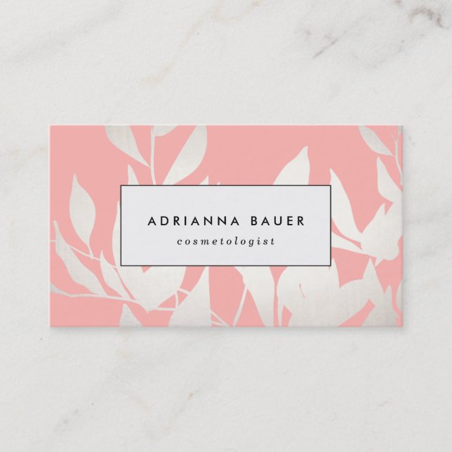 Stylish Blush Pink Leaves Pattern Beauty Spa Business Card (Front)