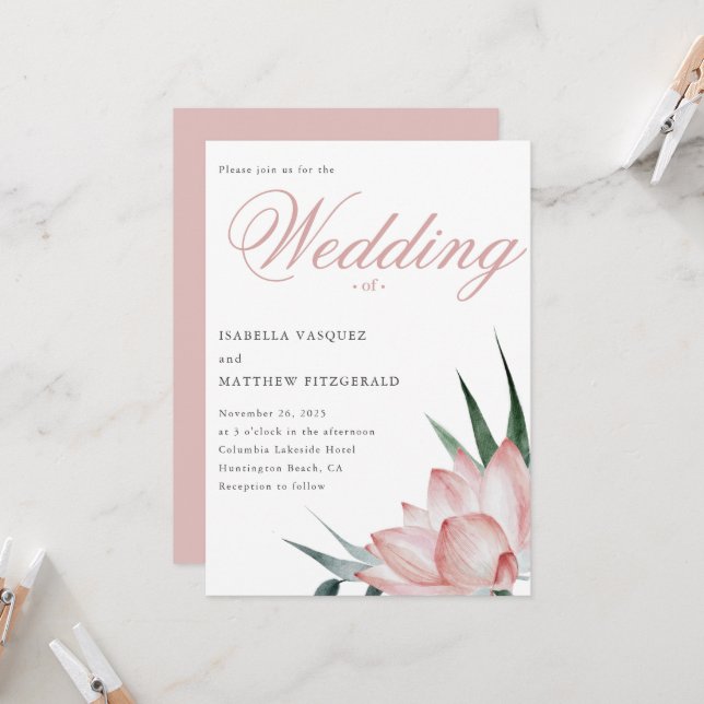 Stylish Blush Pink Lotus Flower Watercolor Wedding Invitation (Front/Back In Situ)
