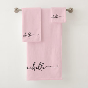 Stylish Blush Pink Monogram Name Script Signature Bath Towel Set