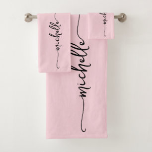 Stylish Blush Pink Monogram Name Script Signature  Bath Towel Set