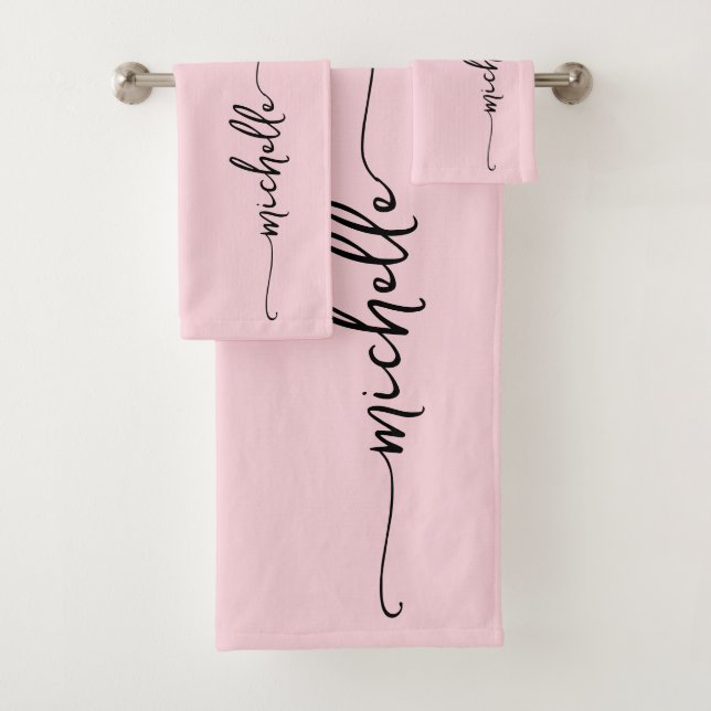 Stylish Blush Pink Monogram Name Script Signature  Bath Towel Set (Insitu)