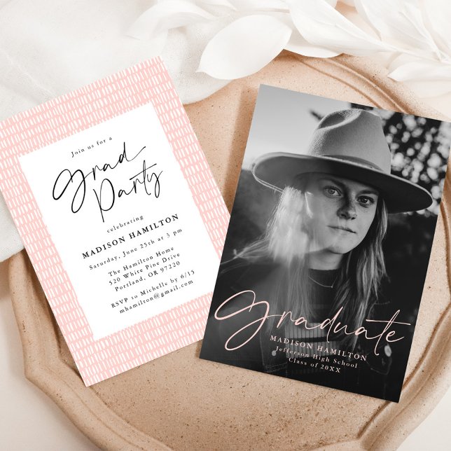 Stylish Blush Pink Script Photo Graduation Party Invitation (Creator Uploaded)