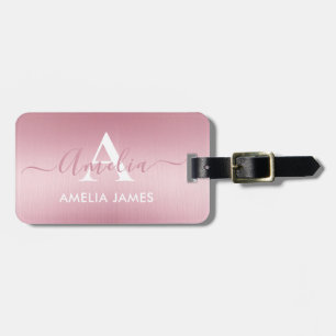 Stylish Blush Rose Gold Brushed Metal Monogrammed Luggage Tag