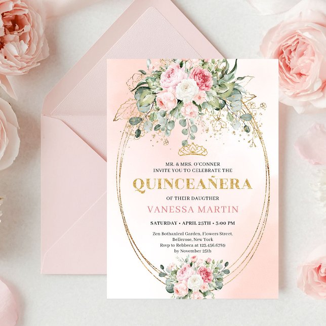 Stylish Blush Roses Greenery Quinceañera Invite (Stylish Blush Roses Greenery Quinceañera Invite

)