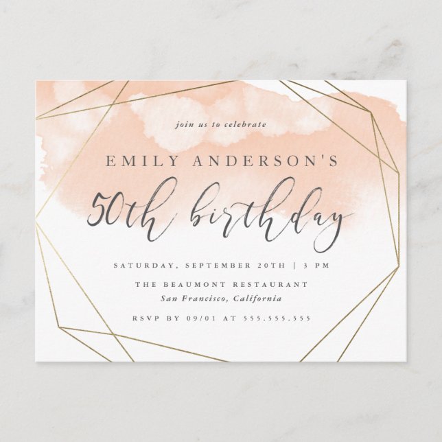 Stylish Blush Watercolor Geometric 50th Birthday Invitation Postcard (Front)