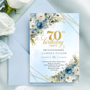 Stylish bohemian blue florals gold 70th birthday invitation