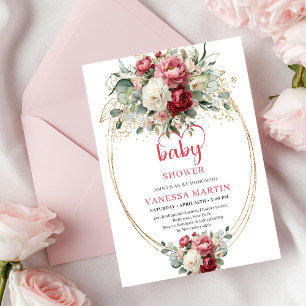 Stylish Bohemian Burgundy White Gold Floral Baby  Invitation