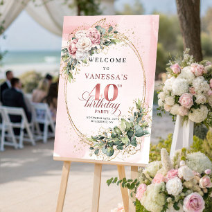 Stylish Boho Blush Pink Floral 40 Birthday Welcome Poster