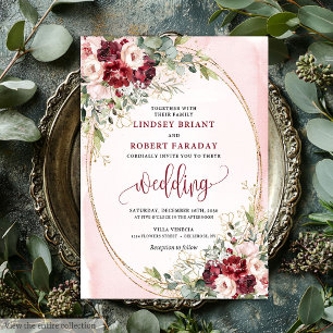 Stylish Boho Burgundy Blush Gold Floral Invitation