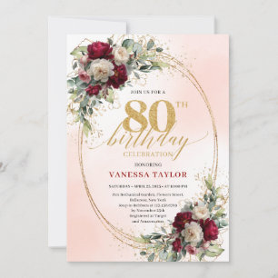 Stylish Boho Burgundy Gold 80th Birthday Invitatio Invitation