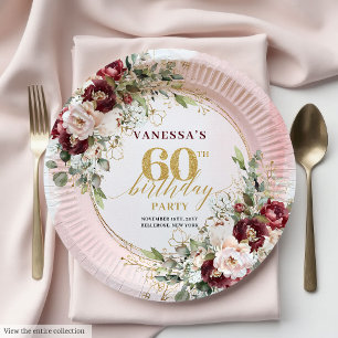 Stylish Boho Burgundy Gold Floral 60th Birthday  Paper Plate