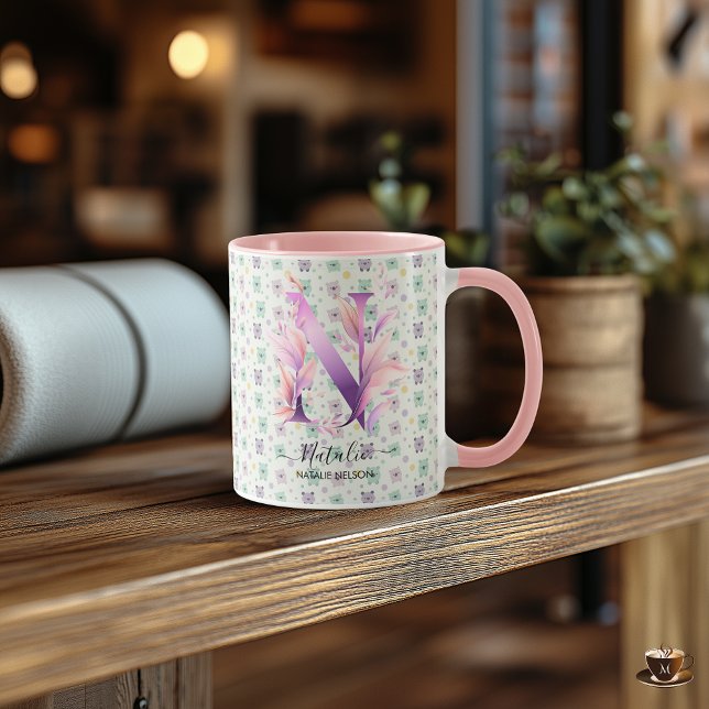 Stylish Boho Chic Floral Monogram Mug - N (Creator Uploaded)